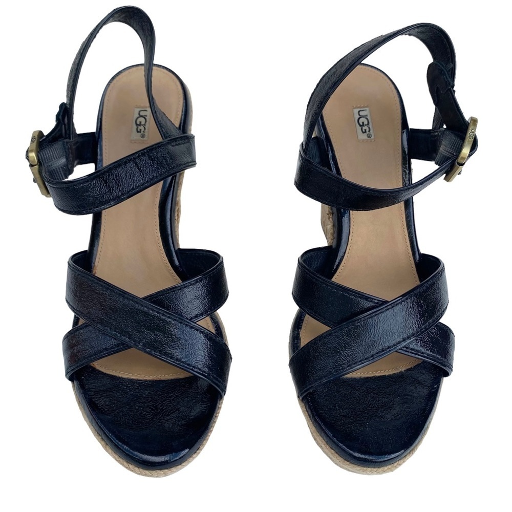 UGG Women’s Jacqueline Espadrille Black Patent Wedge Sandals, Ankle Strap Size 8 - Picture 7 of 15